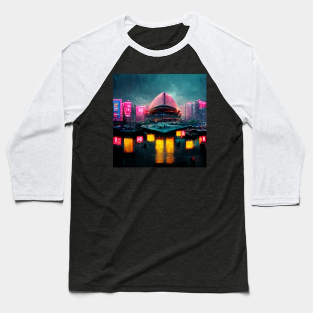 Neon District - Cyberpunk Cityscape Operahouse Baseball T-Shirt by ArkMinted